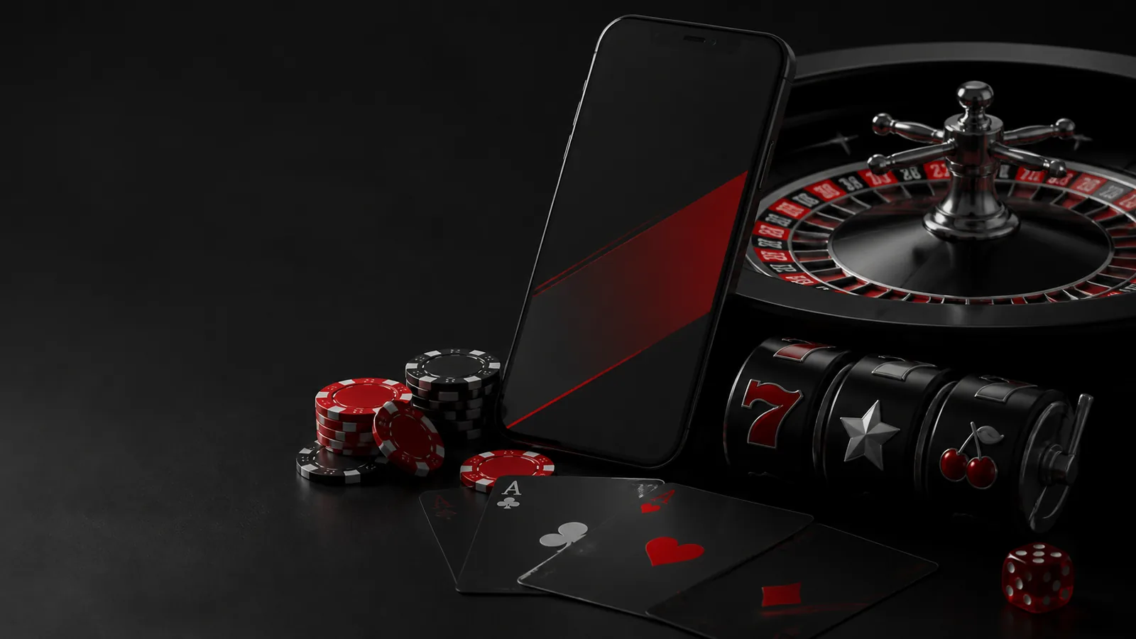 Ponsel, roulette, gulungan slot, dan kartu dalam komposisi editorial BATA123
