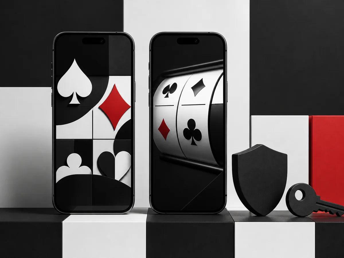 Dua ponsel dengan simbol permainan abstrak untuk membandingkan akses mobile
